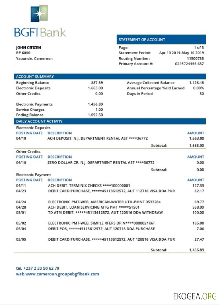 Modèle de relevé bancaire BGFI du Cameroun, format Word et PDF